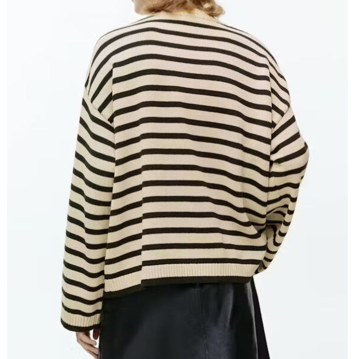 Damen lässiger Strickpullover mit modischem Streifenmuster und eleganten Knopfdetails Drune