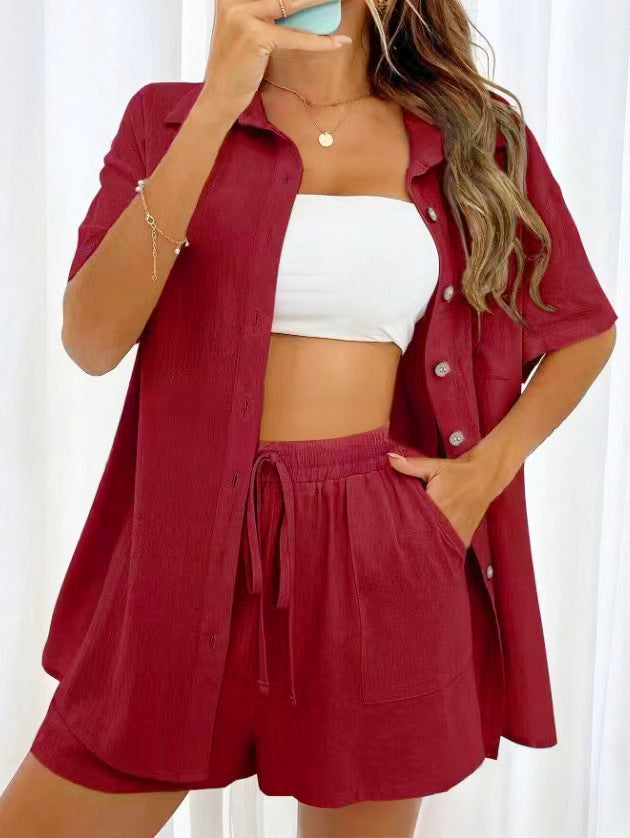 Damen luftiges Zweiteiliges Set mit Hemdbluse und Shorts Drune