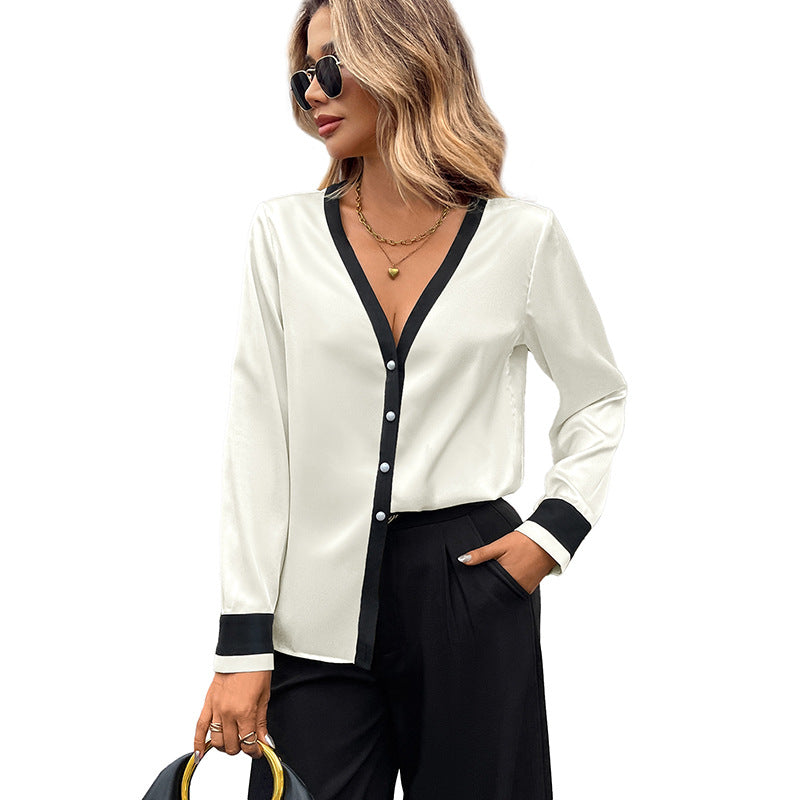 Damen Elegante Bluse mit kontrastierenden Kragen und Knopfdetails Drune