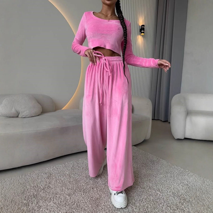 Damen Elegantes und bequemes Lounge-Set mit cropped Oberteil und weit geschnittenen Hosen Drune