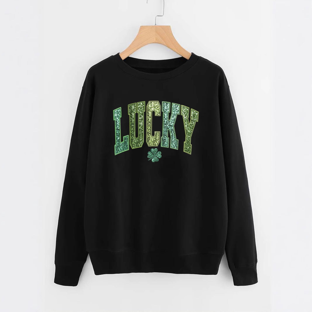 Damen lässiger Sweatshirt mit glitzerndem Schriftzug und Kleeblattmotiv Drune