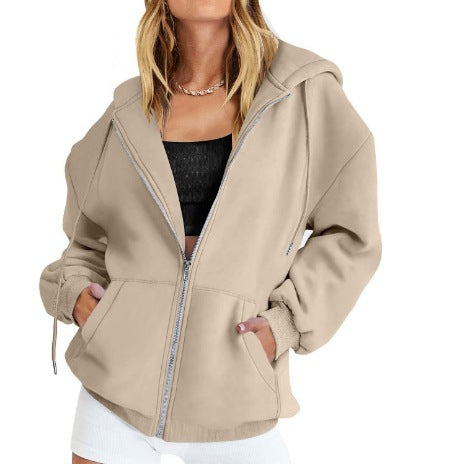 Damen nan oversized Zip-Kapuzenjacke mit kontrastierendem Reißverschluss, doppellagiger Kapuze und Kängurutasche Drune