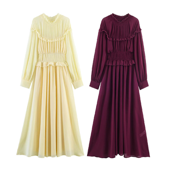 Damen Maxikleid mit voluminösen Rüschendetails und schmalem Gürtel Drune