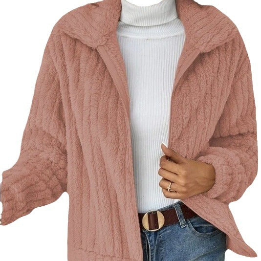 Damen nan kuschelige Teddyjacke mit durchgehendem Reißverschluss, Stehkragen und Eingrifftaschen Drune