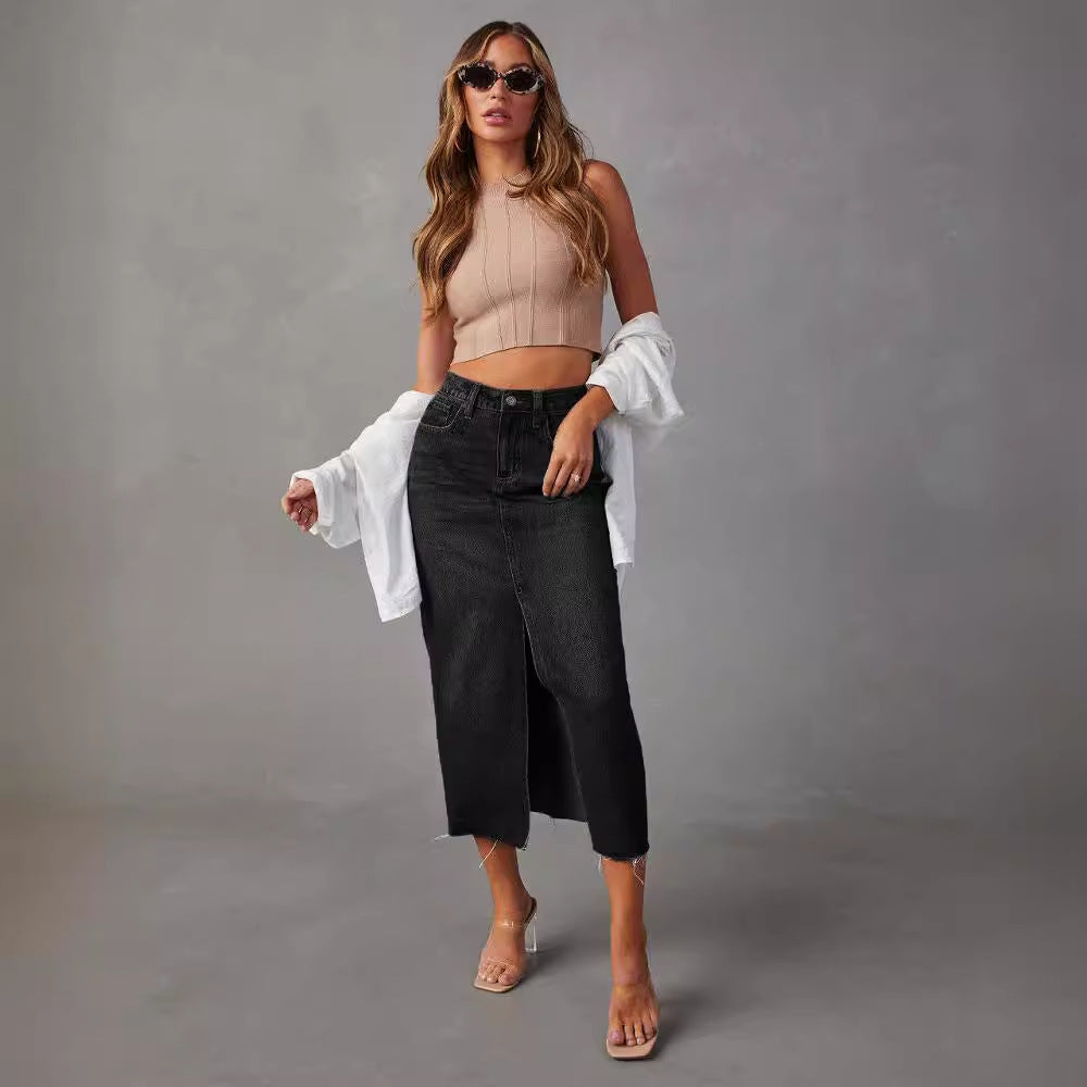 Damen Hoch geschnittene Denim-Midirock mit seitlichem Schlitz und fransigen Säumen Drune