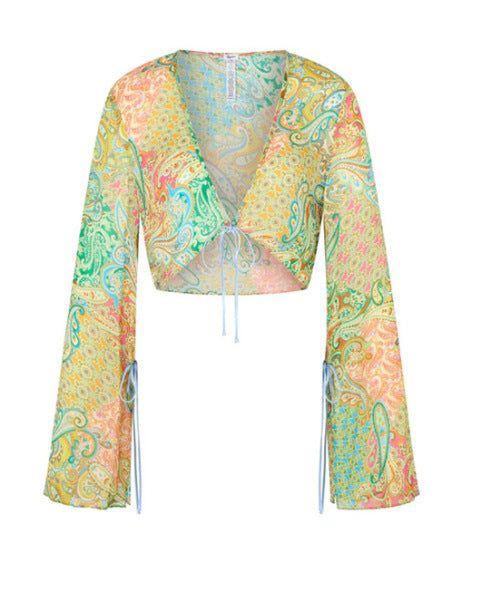 Damen cropped Bluse mit weitem Arm und verspieltem Paisleymuster Drune