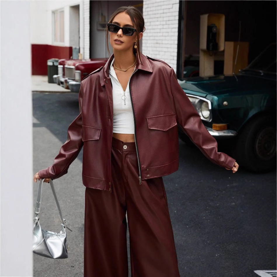 Damen modische Kunstlederjacke im Oversized-Stil Drune