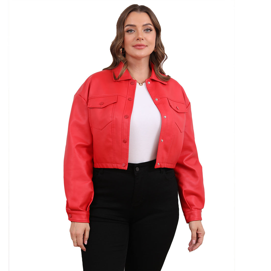Damen nan kurze Oversized-Kunstlederjacke im Trucker-Stil mit Pattentaschen und verdeckter Druckknopfleiste Drune