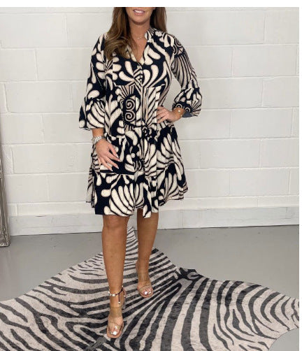 Damen Luftiges Midi-Kleid mit floralen Mustern und durchgehendem Knopfverschluss Drune