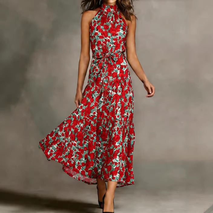 Damen Maxikleid mit floralem Schnitt und schmalem Taillengürtel Drune