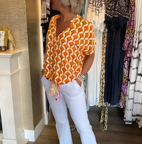 Damen nan kurzärmeliges geometrisches Blusenshirt mit Knotenbund und Stehkragen Drune