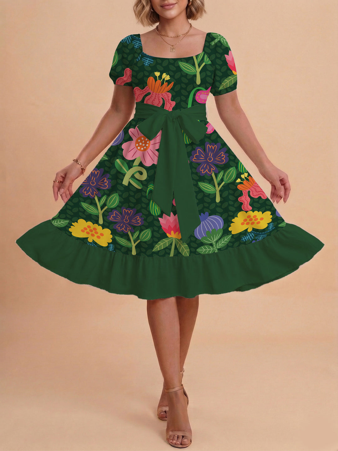 Damen Blumenkleid mit taillierbarem Gürtel und voluminösen Ärmeln Drune