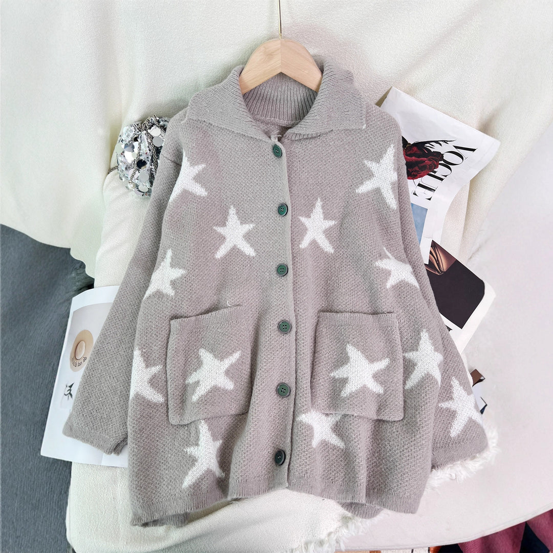 Damen lässige Strickjacke mit Sternenmotiv und Taschen Drune