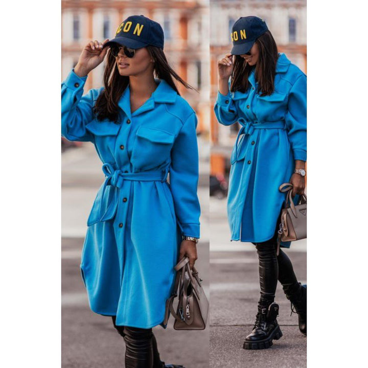 Damen Oversized Hemdblusenkleid mit modischem Gürtel und Taschen Drune