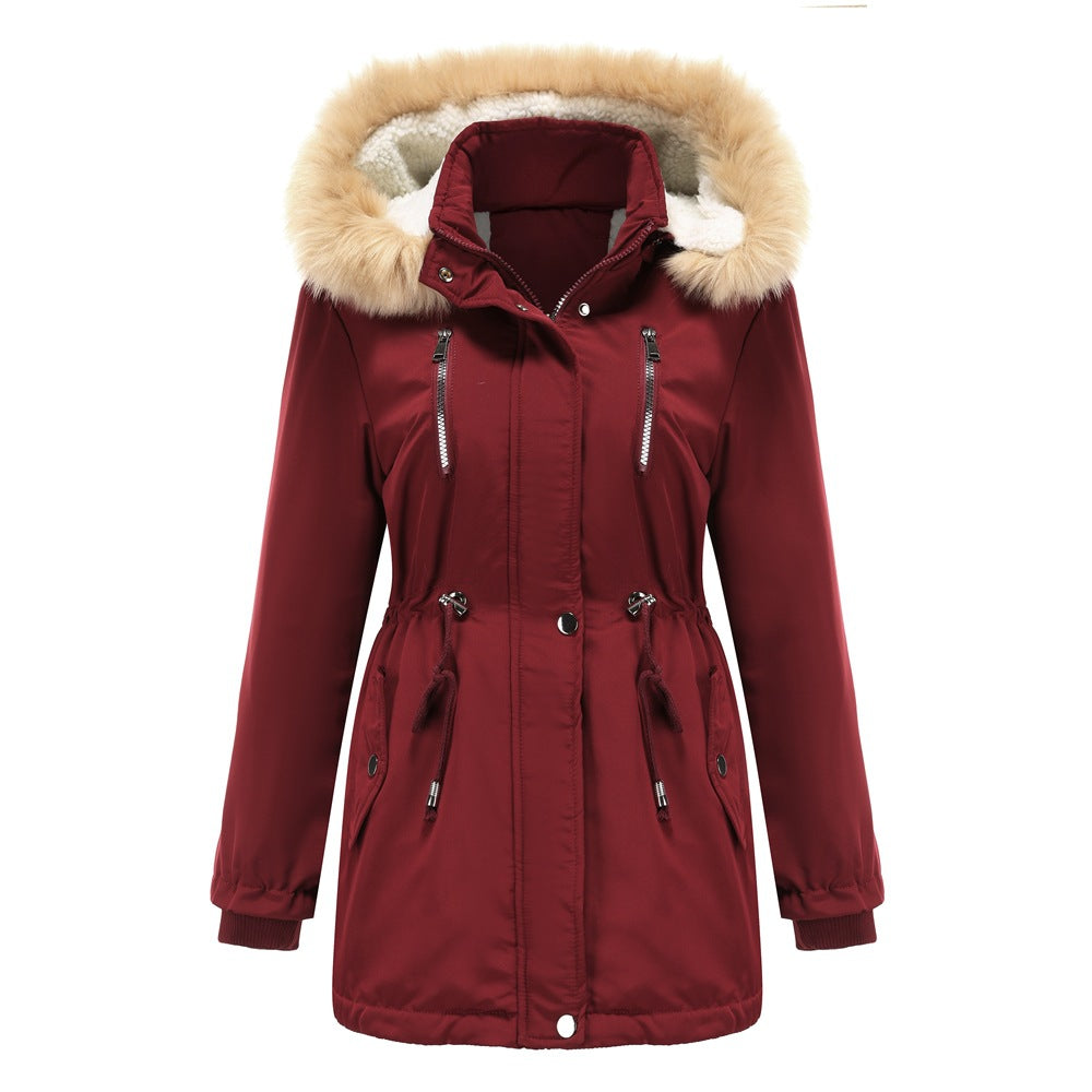 Damen modische Outdoor-Jacke mit abnehmbarem Kunstfellkragen und elastischem Taillenzug Drune