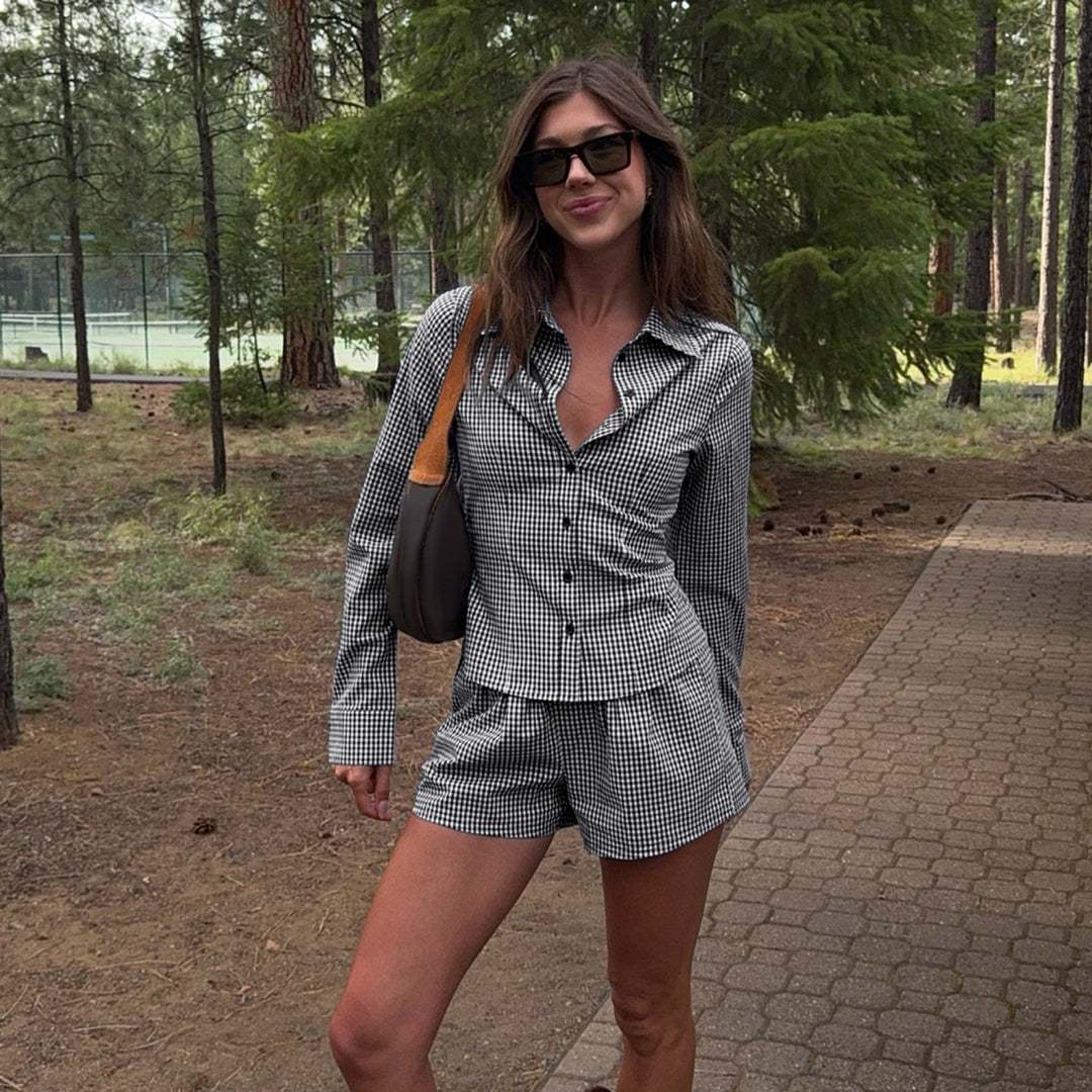 Damen nan zweiteiliges Vichy-Set aus taillierter Blusenjacke mit Wiener Nähten und Highwaist-Shorts Drune