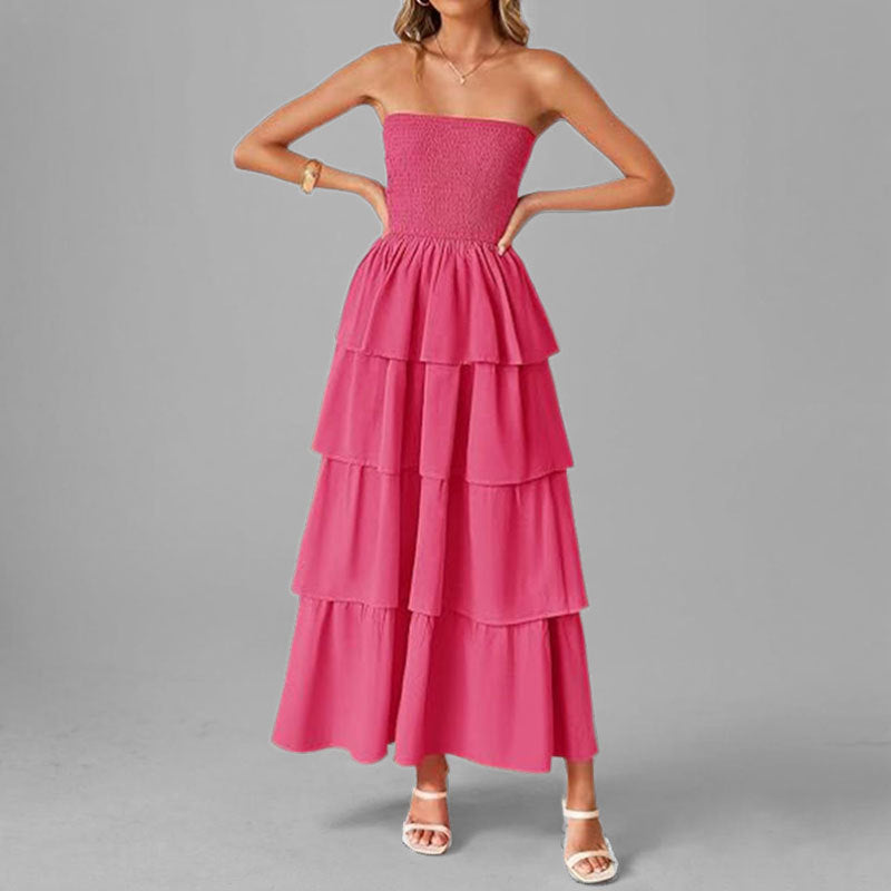 Damen Langes Rüschenkleid mit schulterfreiem Design und elastischem Oberteil Drune