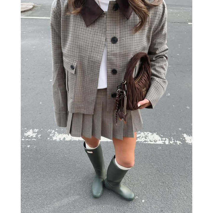 Damen Karierte Blazerjacke mit tailliertem Schnitt und eleganten Details Drune