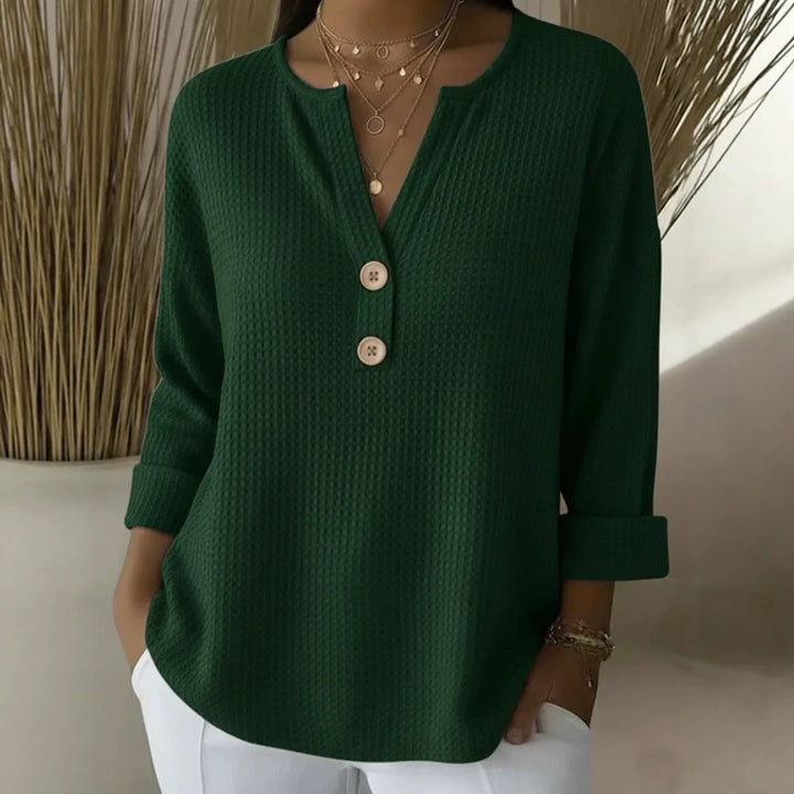 Damen nan Waffelstruktur Henley-Shirt mit V-Ausschnitt kurze Knopfleiste und krempelbaren 3/4-Ärmeln Drune