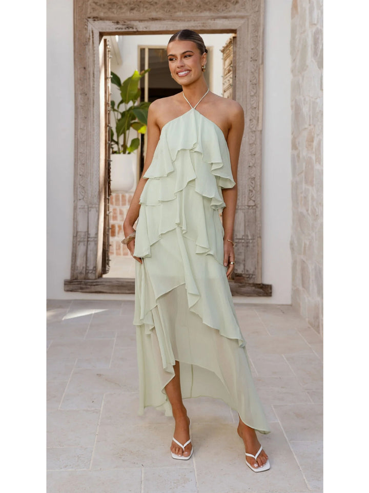 Damen Rüschen-Maxikleid mit asymmetrischem Design und elegantem Halteroberteil Drune