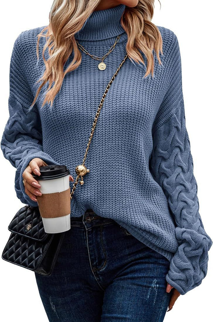 Damen Grobstrickpullover mit modernem Zopfdesign und hohem Kragen Drune