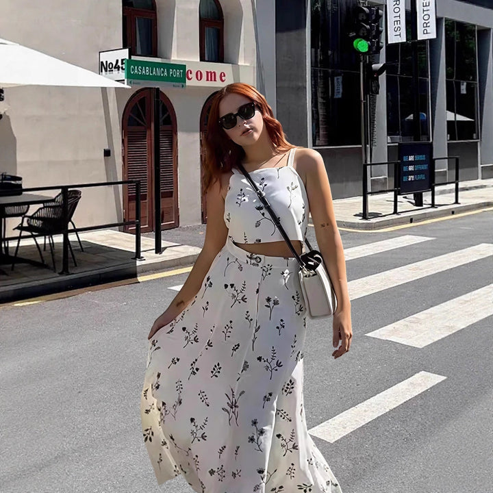 Damen Crop-Top und Maxirock Set mit floralem Muster Drune