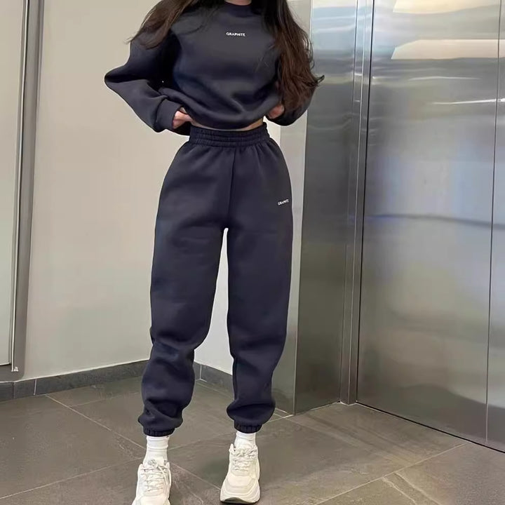 Damen nan Oversized kurz geschnittenes Sweatshirt mit High Waist Fleece Jogginghose Set Drune