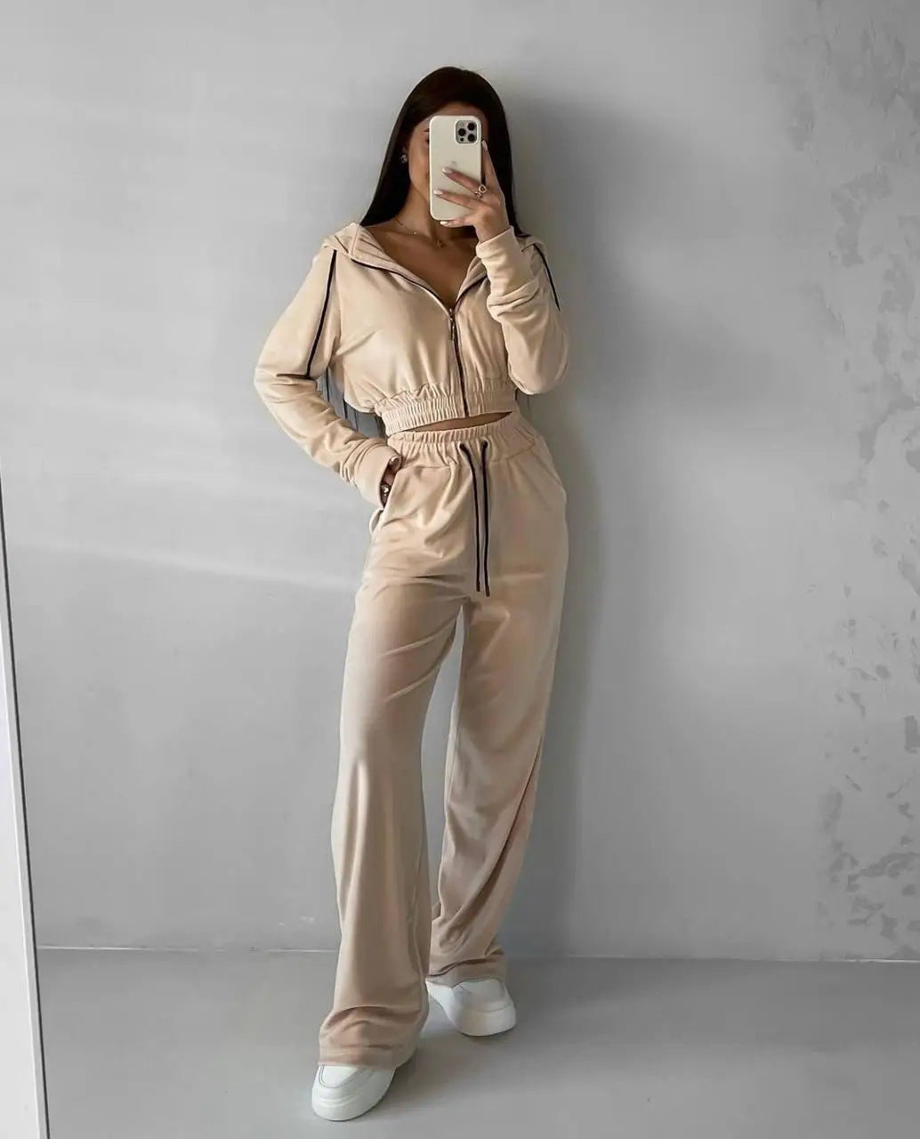 Damen sportliches Fleece-Trainingsset mit Kapuze Drune