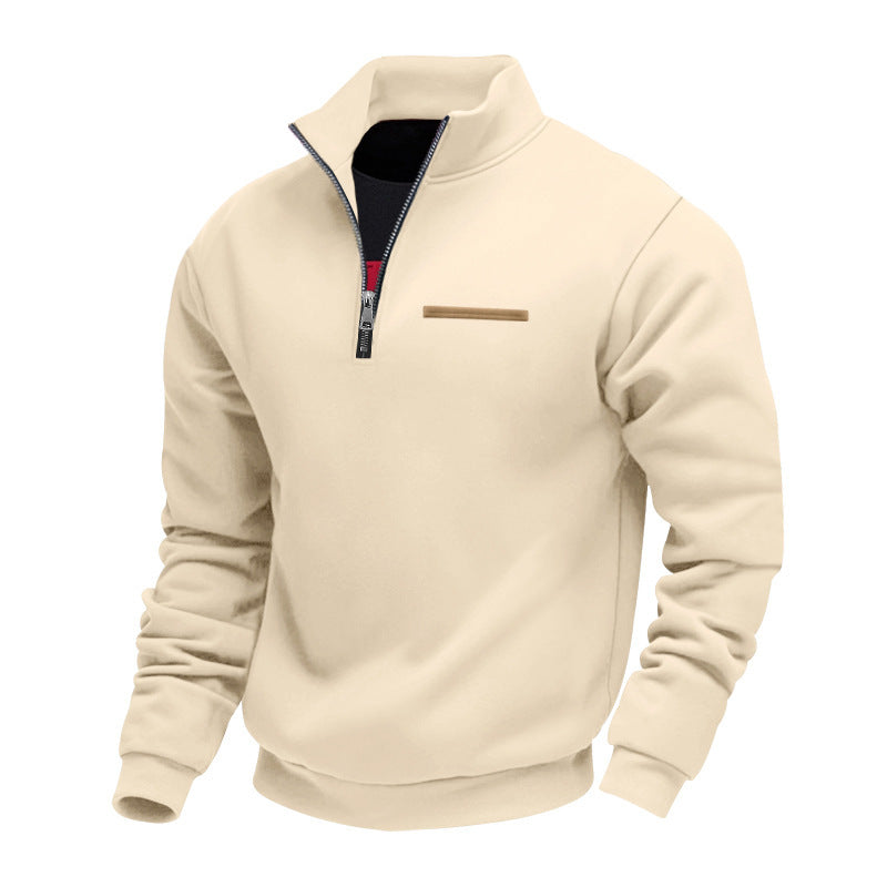 Herren nan Sweatshirt mit halbem Reißverschluss, Stehkragen und Brust-Welttasche Drune