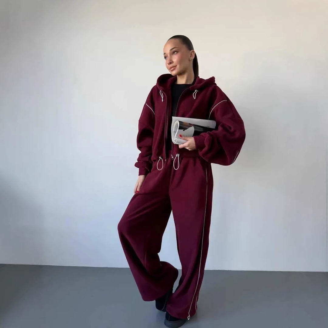 Damen lässiger Kapuzen-Sweatanzug mit weiten Hosen und seitlichem Streifen Drune