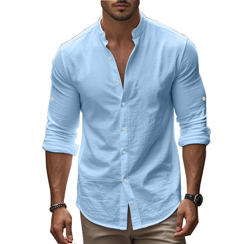 Herren modisches Langarm-Hemd mit innovativem Stehkragen und eleganter Knopfdetail Drune