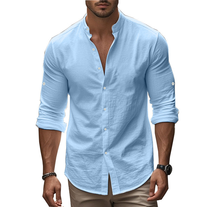 Herren modisches Langarm-Hemd mit innovativem Stehkragen und eleganter Knopfdetail Drune