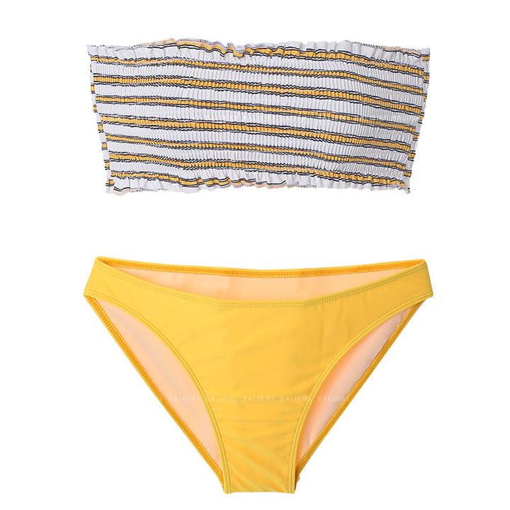 Damen Bandeau-Bikini-Set mit dekorativem Rüschendesign und hoch geschnittenem Unterteil Drune