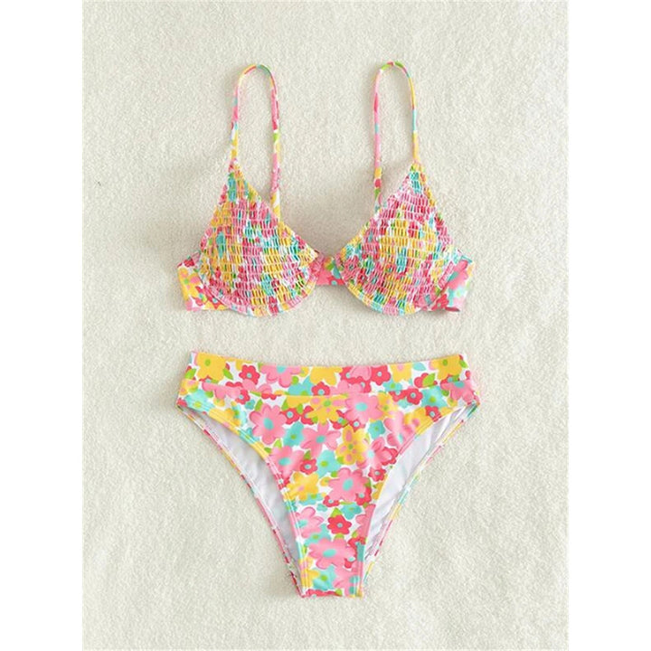 Damen Hochgeschnittener Bikini mit floralem Muster und schmalen Trägern Drune