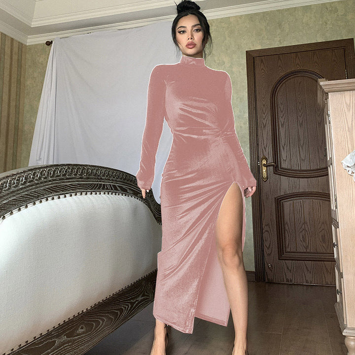 Damen Elegantes Langarm-Wickelkleid aus weichem Veloursstoff mit hohem Schlitz Drune