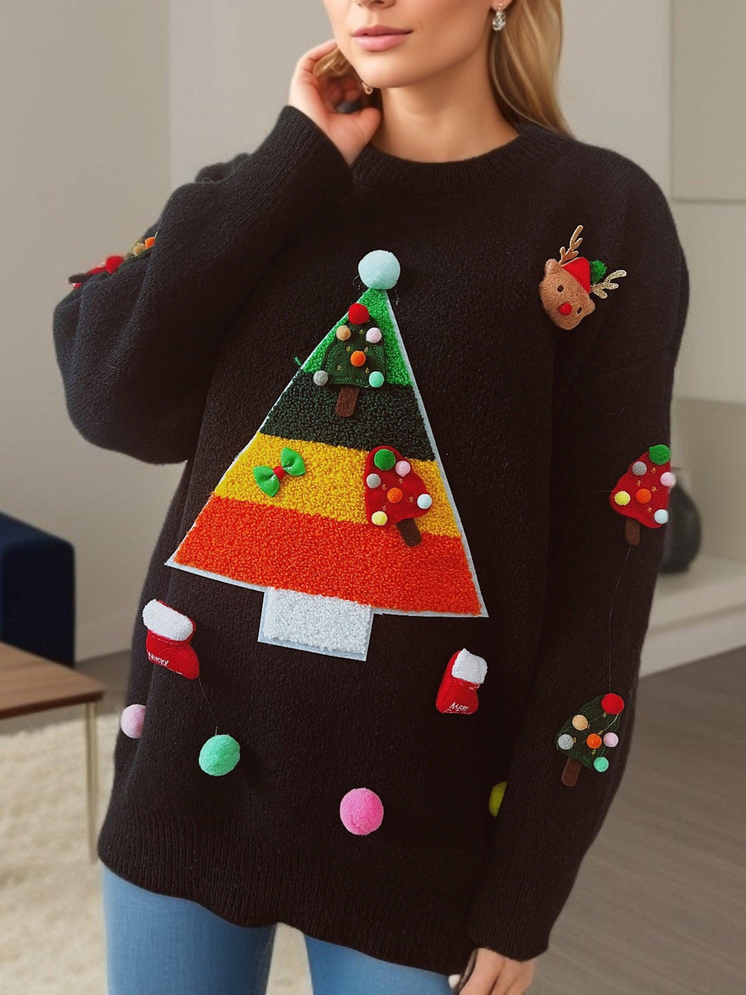 Damen Weihnachts-Pullover mit festlichem 3D-Motiv und dekorativen Applikationen Drune