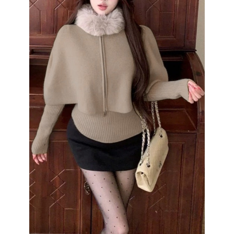 Damen Strick-Cape mit abnehmbarem Pelzkragen Drune