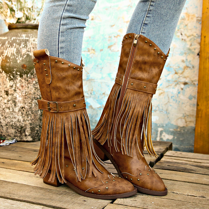 Damen nan Westernstiefel mit Fransen Nieten und Schnallenriemen Drune