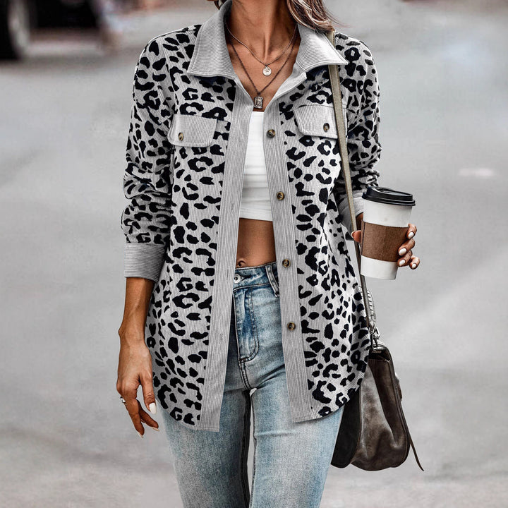 Damen Trendige Kordjacke mit Leo-Print und Brusttaschen Drune