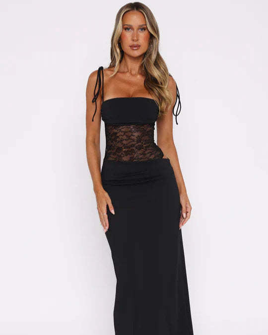 Damen nan Bandeau-Maxikleid mit transparentem Spitzenkorsett und knotbaren Spaghettiträgern Drune