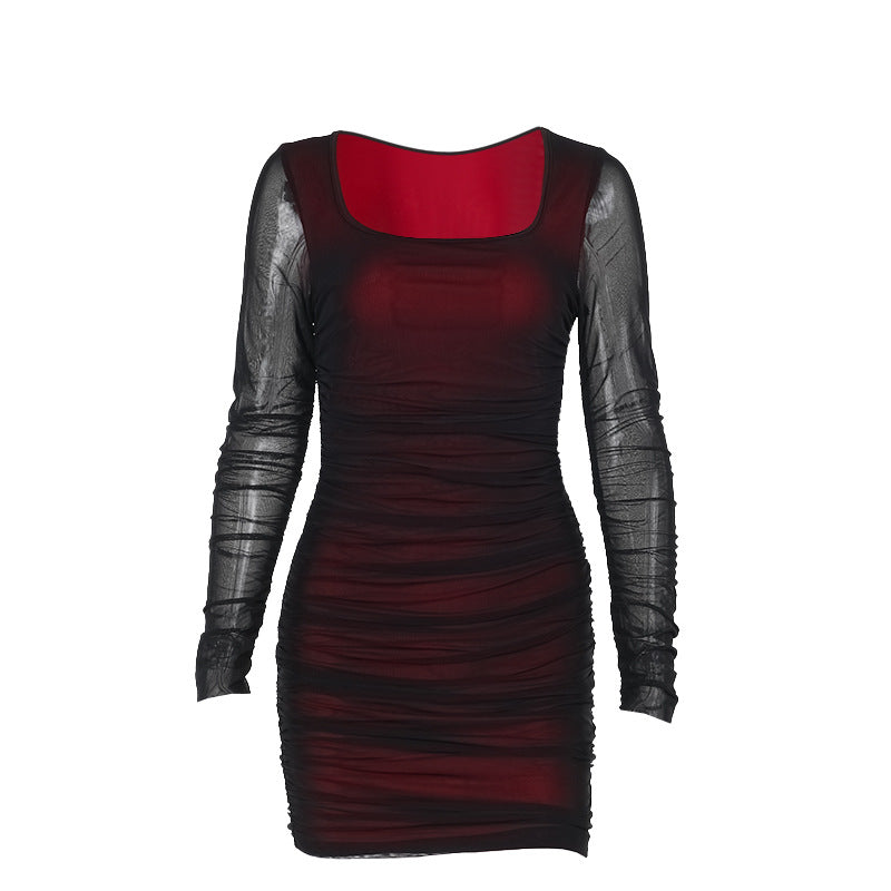 Damen figurbetontes Minikleid mit transparenten langärmeligen Einsätzen und Rüschendetails Drune