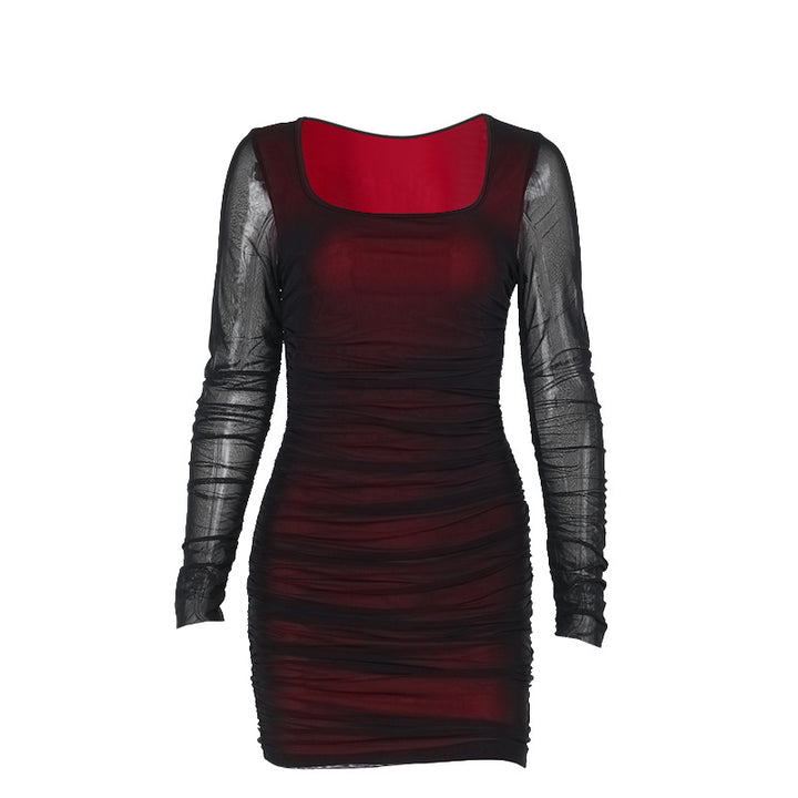 Damen figurbetontes Minikleid mit transparenten langärmeligen Einsätzen und Rüschendetails Drune