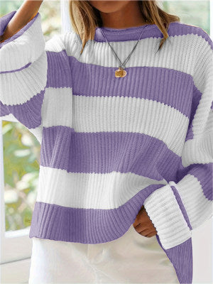 Damen gestreifter Strickpullover mit weitem Schnitt Drune