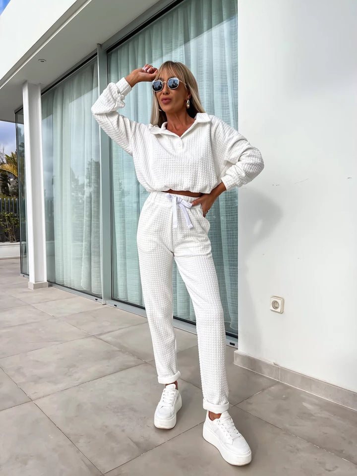 Damen lässiges Strick-Loungewear-Set mit cropped Oberteil und bequemen Hosen Drune