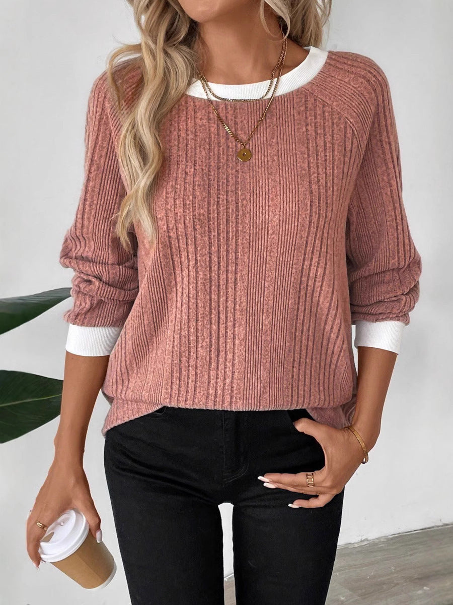 Damen lässiger Pullover mit optimalem Rippenstrickdesign und kontrastrierendem Besatz Drune
