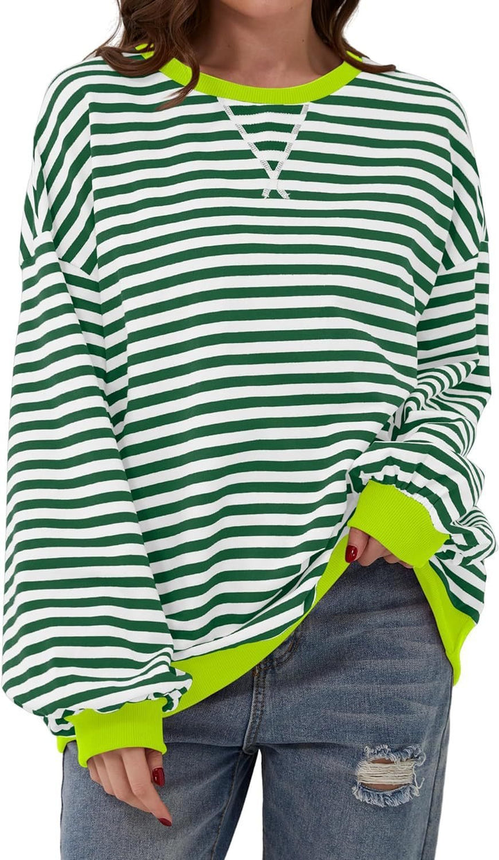 Damen Lässiger Streifenpullover mit weiten Ärmeln und Kontrastbündchen Drune