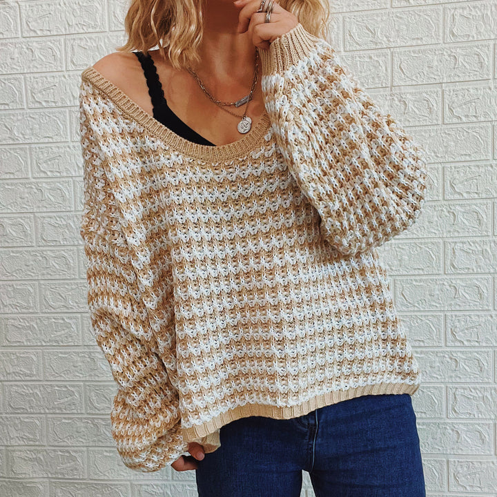 Damen lässiger Strickpullover mit tiefem V-Ausschnitt und weitem Schnitt Drune