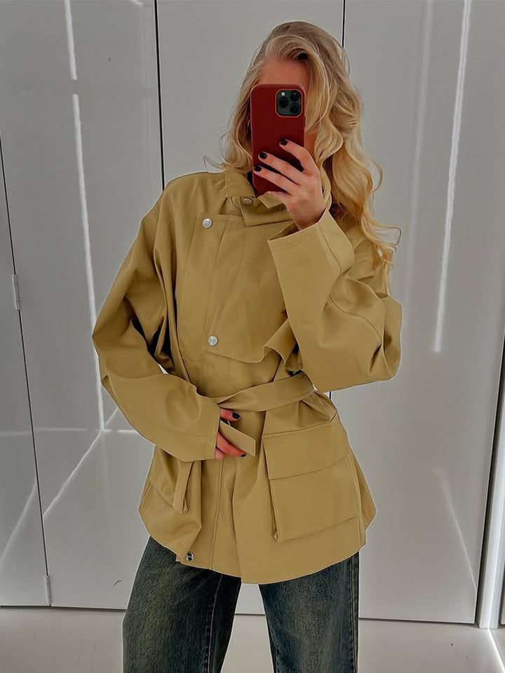 Damen Langer Trenchcoat mit breitem Kragen und taillierbarem Gürtel Drune