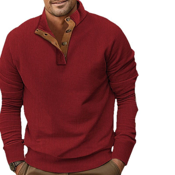 Herren nan geripptes Henley-Langarmshirt mit Stehkragen und Leder-Ellbogenpatches Drune