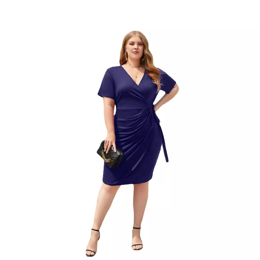 Damen Figurbetontes Wickelkleid mit kurzen Ärmeln und V-Ausschnitt Drune